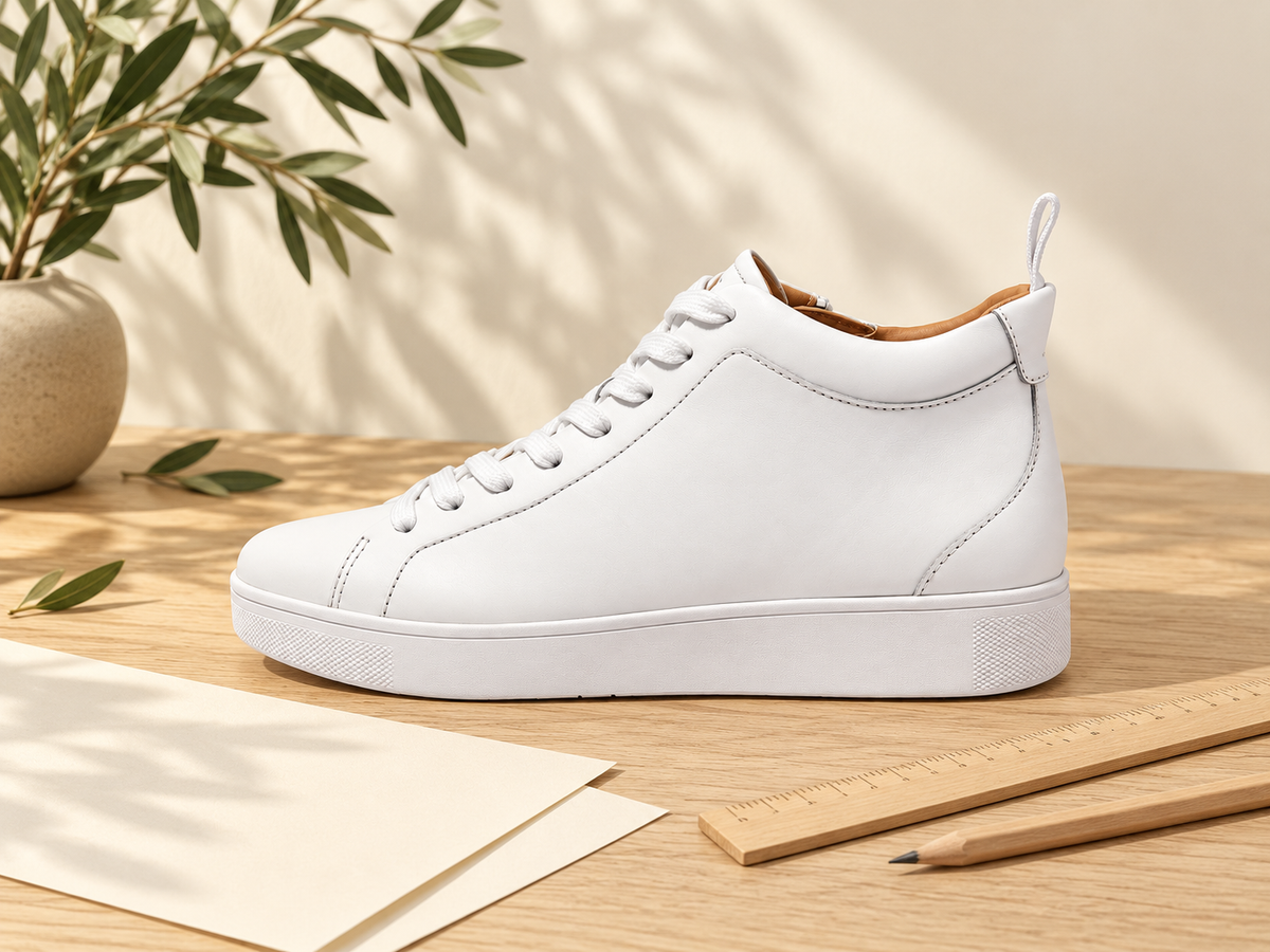 White leather sneaker beside blank paper, a ruler and pencil