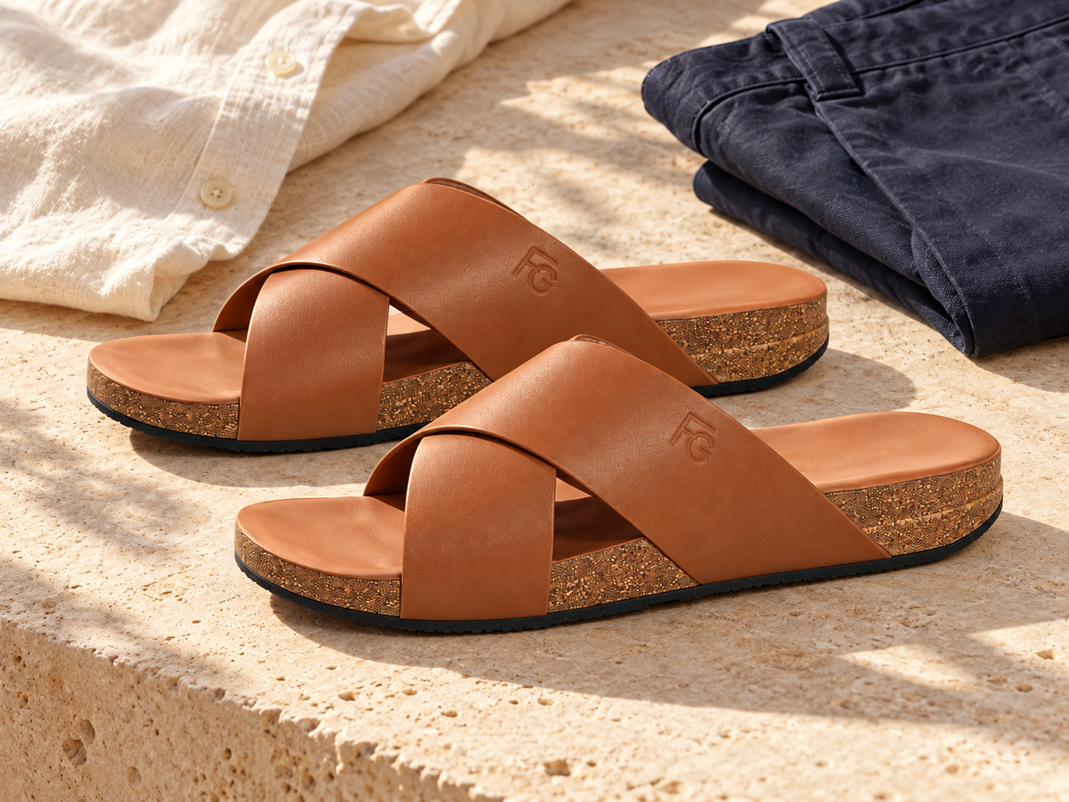 Tan leather cross slides with navy trousers and a linen shirt