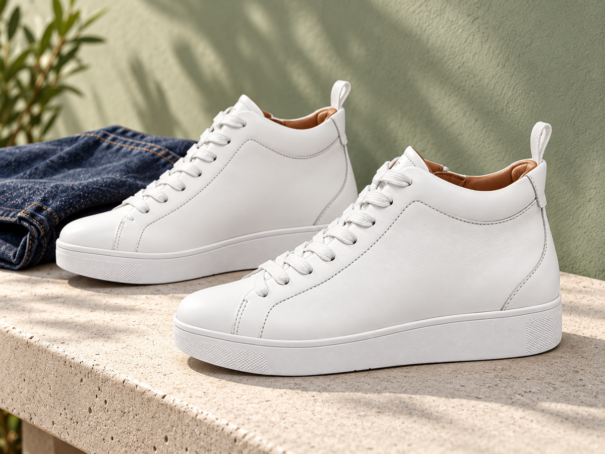 White leather sneakers styled with dark denim